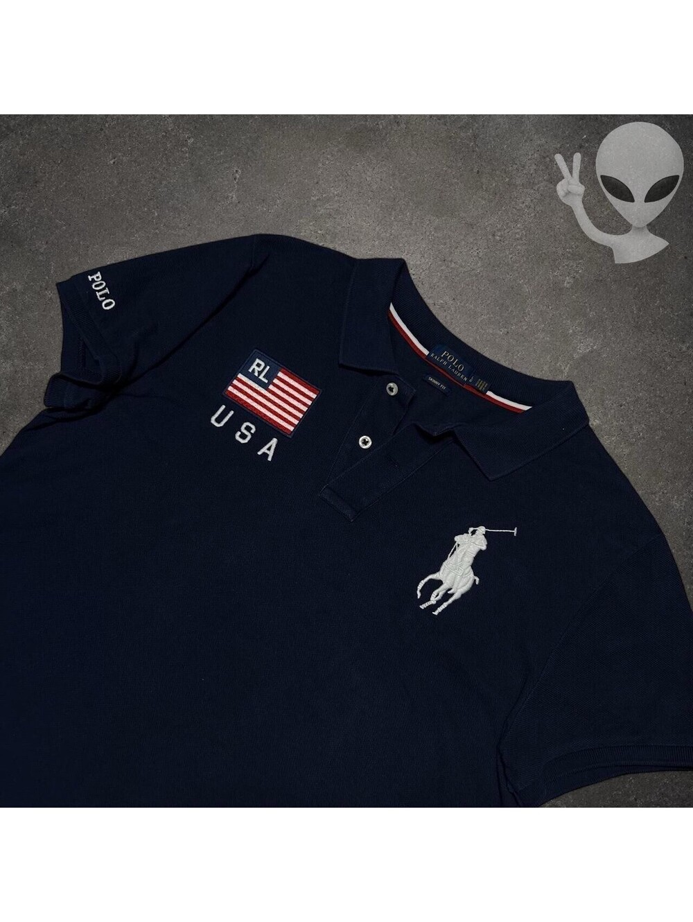 Polo Ralph Lauren Big Pony USA Flag Skinny Fit Polo Shirt Navy Women'L Large